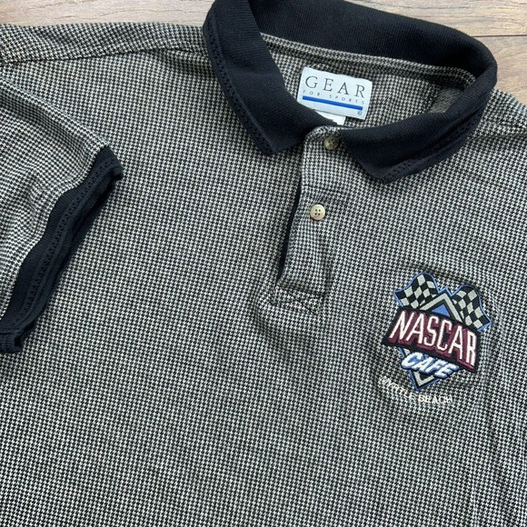 Vintage Nascar Black Brown Houndstooth Polo Shirt Sz L Nascar Cafe Myrtle‎ Beach - Picture 1 of 7